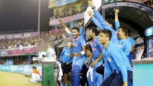 The India dugout erupts with joy after reaching the semi-final, Australia v India, World T20 2016, Group 2, Mohali, March 27, 2016. (Getty Images)