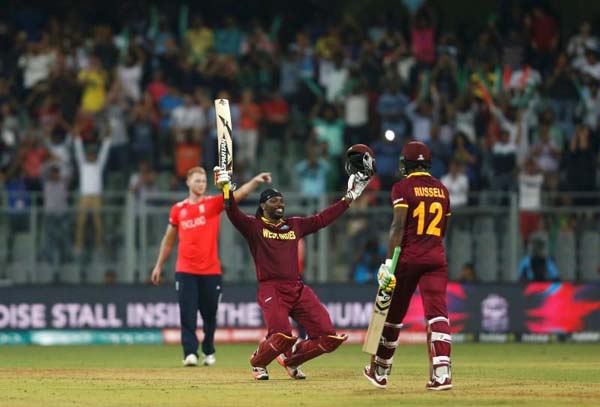 West Indies Chris Gayle celebrates scoring his century.(REUTERS/Danish Siddiqui)