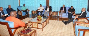 President David Granger in discussions with (at his right) Ministers Sydney Allicock, Ronald Bulkan and Joseph Harmon. Ministers Raphael Trotman and Noel Holder are sitting second and third from left respectively, while Director General of Guyana’s Civil Defence Commission, Retired Colonel Chabilall Ramsarup is fourth from right. 