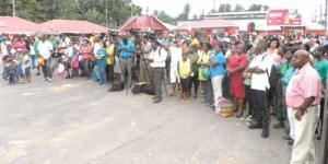 A section of the crowd at the Linden-Georgetown bus park for the rally