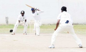 Alphius Bookie cover-drives elegantly during his 58 at DCC yesterday.  