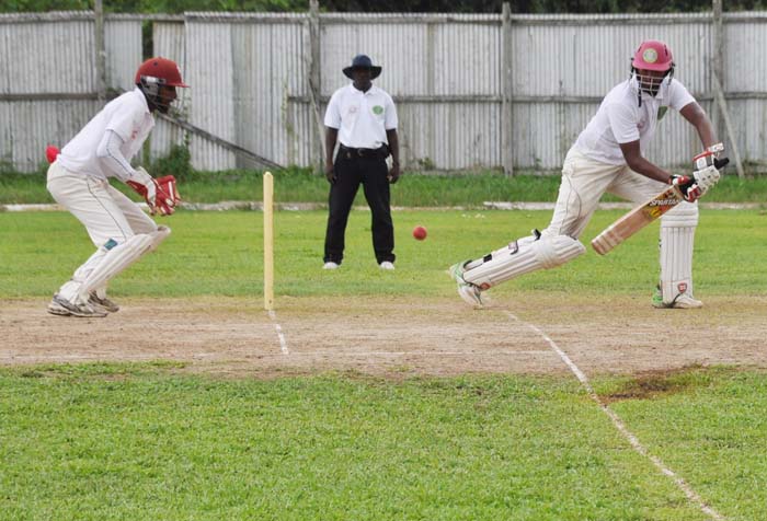 Bhaskar Yadram steers through backward points during his masterful 177 at Wales yesterday.