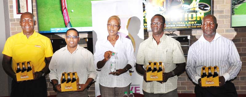 Stakeholders yesterday pose for a photo opportunity after the launch of the Boyce/Jefford Relay Festival and Family Fun Day. From left: Banks DIH Non-Alcoholic Brand Manager, Clayton McKenzie, NSC Commissioner, Seon Erskine, Secretary of the Boyce/Jefford Committee, Cheryle Sam, Chairman, Colin Boyce and Technical Director, Mark Scott.