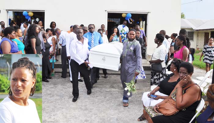 The remains of Fiona Harris (inset) is taken out of the Church for the Memorial Gardens Crematorium yesterday afternoon. 