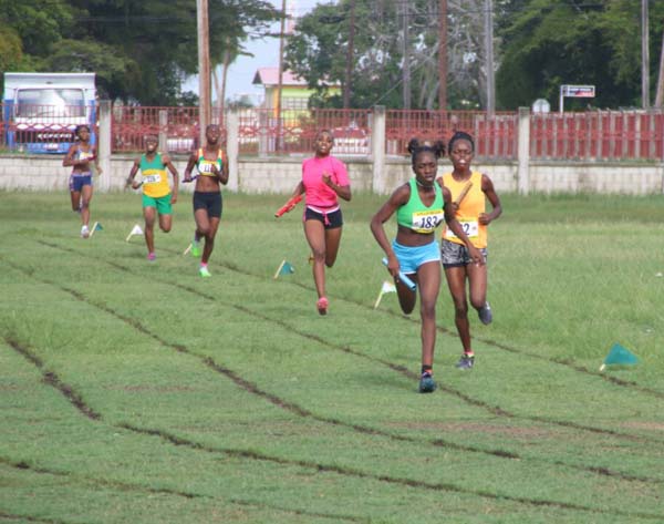 The women’s 4x400m comes down the back-straight at the Police Sports Club Ground, Eve Leary on Sunday in the Boyce/Jefford Relay Festival and Family Fun Day.