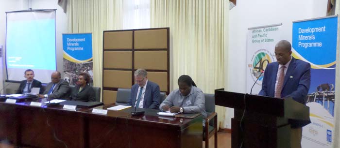 From far left- Programme Manager, Geologist Daniel Frank; Minister of Natural Resources Raphael Trotman; Khadija Musa; UN Resident coordinator; Ambassador Jernej Videtic of the European Union; Natural Resources Permanent Secretary Joslyn McKenzie and Assistant Secretary General Dr. Douglas Slater