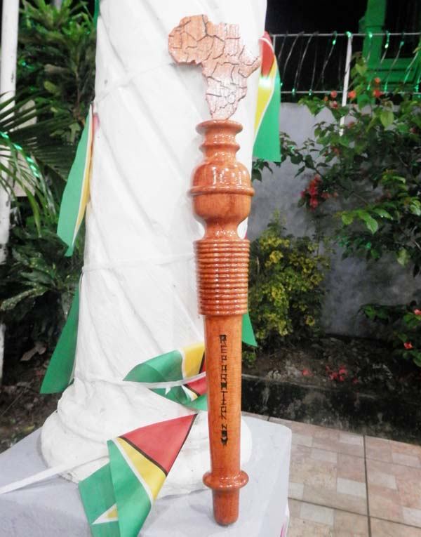 The Reparations Baton that was passed to Guyana to mark the staging of the event here.