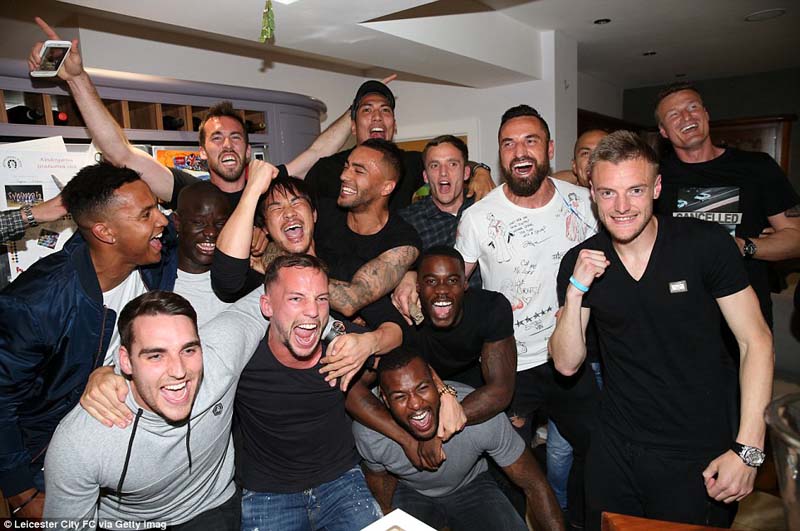 Jamie Vardy (front right) is really having a party along with tens of thousands of Leicester City fans around the world as The Foxes’ 5,000-1 dream became a reality tonight (Leicester City FC via Getty images)