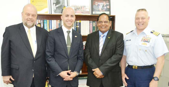 PM Moses Nagamootoo (3rd r); US Ambassador Perry Holloway and US rep, Juan Gonzalez with Captain Robert Landolfi after the meeting on Thursday.