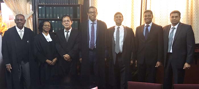 In the Chambers of Chief Justice Cummings-Edwards after the admission to practice yesterday of St. Lucia born UWI Law Professor Eddy Ventos whose petition was presented by Senior Counsel Ralph Ramkarran. L to R some of Guyana’s finest legal luminaries: Senior Counsel Ralph Ramkarran, Chief Justice Cummings-Edwards.