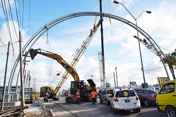 The Fiftieth Independence Anniversary Arch under construction at the Agricola/Eccles boundary.