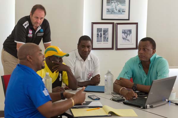 Richard Done of the ICC with participants Courtney Walsh, Steve Liburd, Junior Bennett and Robert Samuels. (WICB Media/Fawwaz Baksh and Philip Spooner)