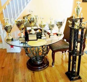 Some of the trophies from overseas for the event. 