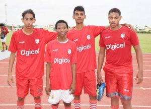 (From left)- Canadian School of Arts and Science scorers Lucas Demkoski, Abdullah Sanmoogan, Shivkaran Loknauth and Elijah Johnson pose for a photo op yesterday.