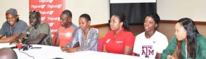 Guyana’s Olympic-bound Winston George (second, left) addresses the audience yesterday in the presence of (from left) Adam Harris, Jeremy Bascom, Aliann Pompey, sponsor Digicel, Louanna Abrams, Brenessa Thompson and Kadecia Baird.