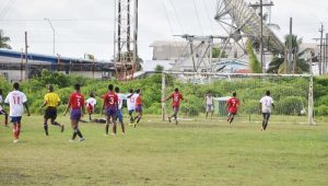 Rashleigh Morrison (4th left) scores Ann’s Grove’s opening goal against Presidents College yesterday at the BV ground. 