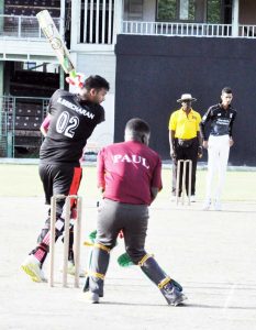 Sachi Seecharran smashes Ricardo Devers through cover during his important 63-run stand with Amir Mohamed on Sunday at Bourda.