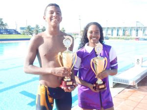 Alex Winter (left) and Amy Grant, GOA's Olympic Day Triathlon male and female winners.