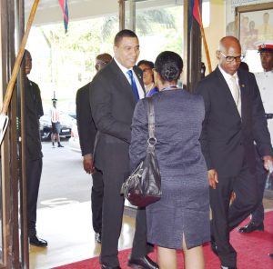 Prime Minister of Jamaica, Andrew Holness, arriving at the opening of the confab at the National Cultural Centre