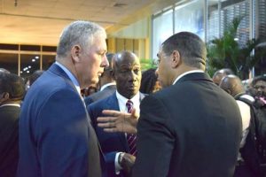 Prime Minister of T&T Dr. Keith Rowley (centre) in conversation with St. Lucia Prime Minister Allen Chastanet (left) and Jamaican Prime Minister Andrew Holness after the opening ceremony 