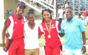 The Four West Indies players – Britney Cooper, Shemaine Campbelle, Merissa Aguilleria and Tremayne Smartt pose during the visit. 