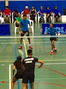 Narayan Ramdhani & Priyanna Ramdhani (top) in action against the Surinamese pair of Jascha Atmodikromo & Santusha Ramzan.