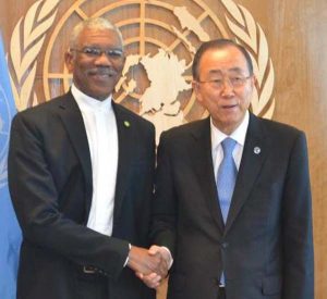 President David Granger and Secretary-General, Ban Ki-moon pose for an official photograph at the UN Headquarters.