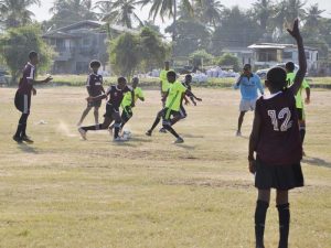 Action in the Plaisance (green) vs Golden Stars NAMILCO U17 match yesterday at the Golden Grove ground.