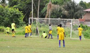 Grove Hi Tech score their first goal against Diamond United, thanks to Jammassi Benjamin.