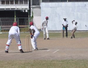 Torston Gordon (4-3) bowls to Rashidi Benjamin at Bourda yesterday. (Sean Devers photo)