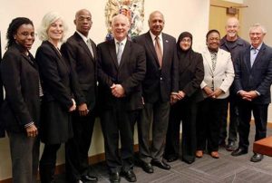 From left: JES Guyana Country Representative Rolinda Kirton, Project Manager Evelyn Neaman, Justice Brassington Reynolds, Chief Judge Crabtree, Chancellor Carl Singh, Chief Magistrate Ann McLennan, Director of Public Prosecutions Bibi Shalimar Ali-Hack, Vancouver lawyer Chris Johnson, and Judge Michael Hicks (retired).