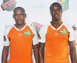 Fruta Conquerors marksmen Jermin Junior (left) and Kwame LaFleur pose for a photo op following their win over Topp XX on Sunday.