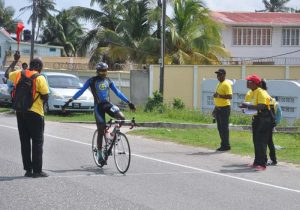 Andrew Hicks is all alone as he crosses the finish line (Zaheer Mohamed photo)