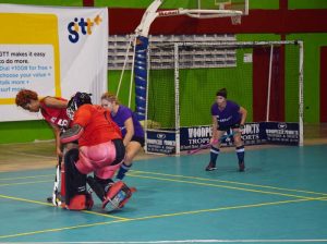 Part of the action between Old Fort Lady Bugs and GCC Spartans (blue uniforms) on Monday, at the National Gymnasium.