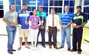 Winners pose with Grand Coast Manager and Golf Club President. From left;- Aleem Hussain, Richard Haniff, Joaan Deo, Max Persaud, Ramesh Taykoo, Oncar Ramroop, Jaipaul Suknanan.