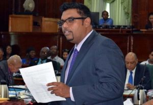 Opposition Parliamentarian, Irfaan Ali delivering remarks in the National Assembly yesterday morning. 