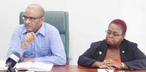 Opposition Leader, Bharrat Jagdeo (left) in the company of Ms. Gillian Burton MP during yesterday’s press conference.