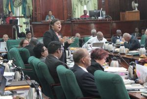 Opposition Parliamentarian, Priya Manickchand making a point during Day One of the Budget Debates yesterday. 