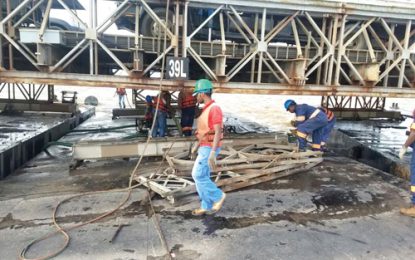 Loose barge crashes into Demerara Harbour Bridge