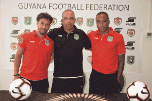  Captain Sam Cox (left), Coach Marcio Maximo and Neil Danns following yesterday’s press conference at Pegasus Hotel. 