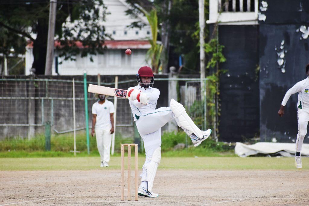 Akshaya Persaud in an attempted pull-shot during his knock of 59.