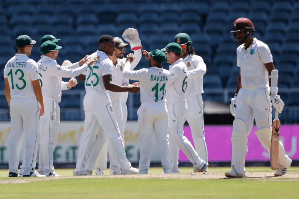 Kagiso Rabada got the better of Kraigg Brathwaite.   (AFP/Getty Images)