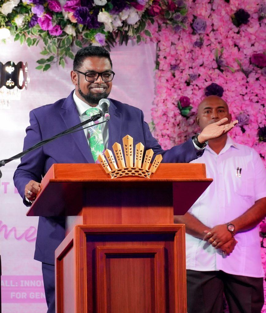 President, Dr. Mohamed Irfaan Ali addressing the gathering at the International Women’s Day dinner hosted at State House