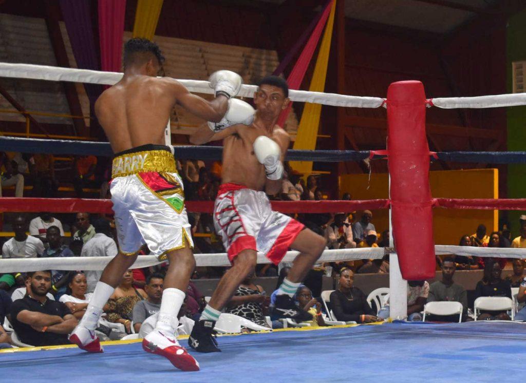 Colombia’s Ronald Ramos against the ropes in attempt evade Dharry’s body-jabs combination at the Return of the Scorpion boxing event.