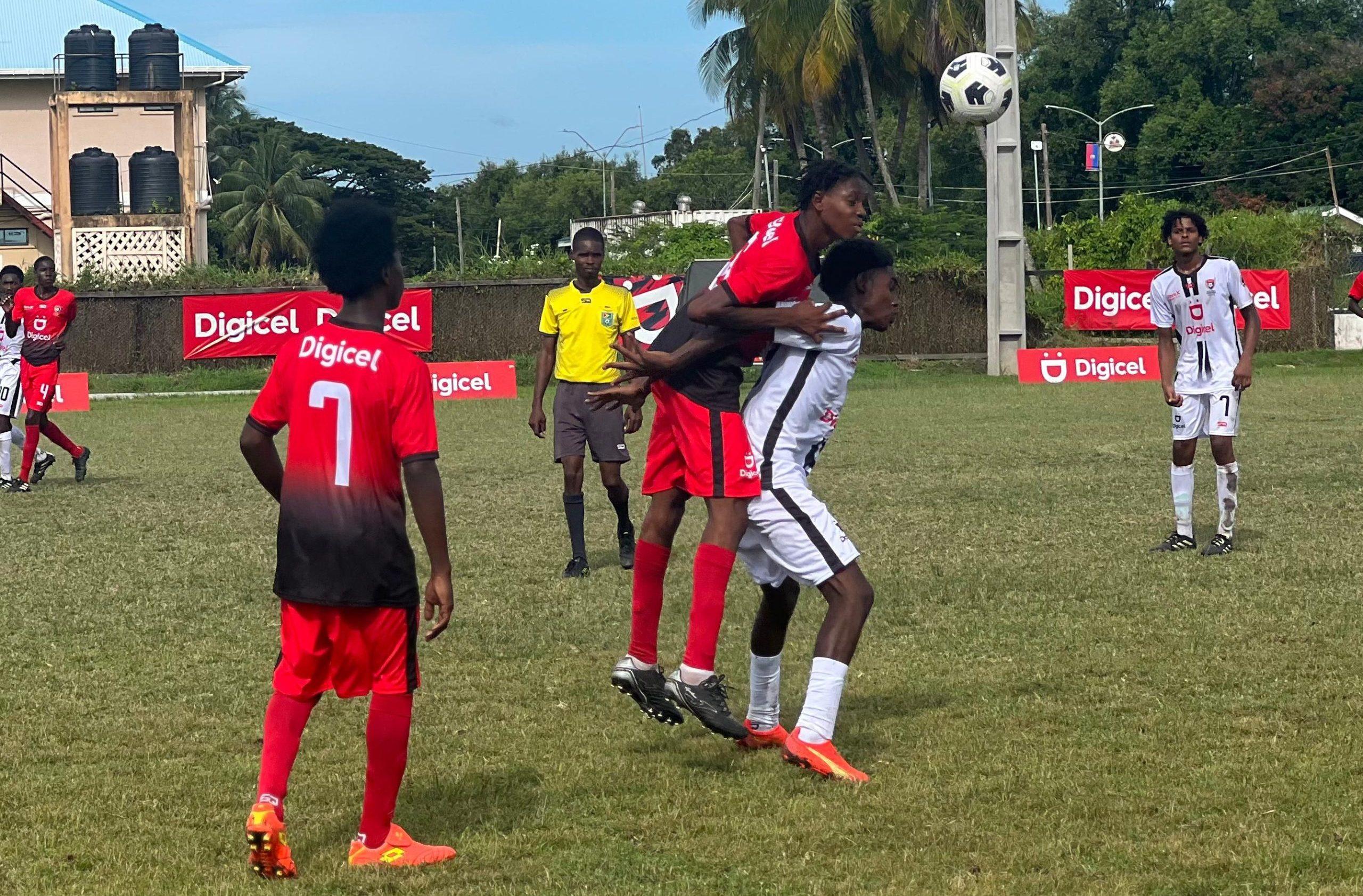 Round-of-16 action between Carmel Secondary and Berbice Educational Institute at the MoE Ground.