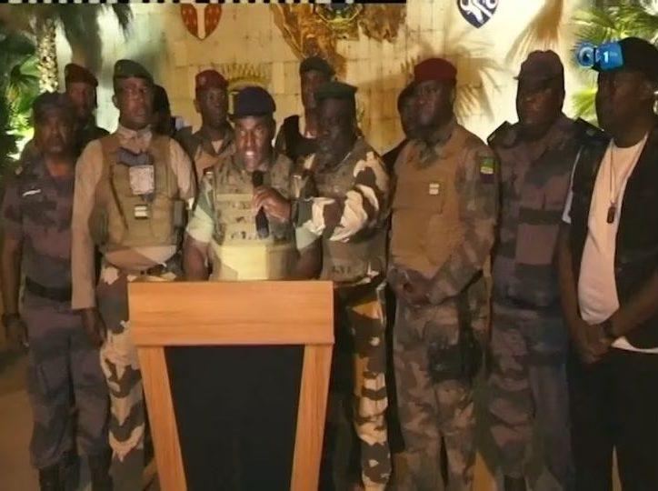 Gabonese military appear on television as they announce that they have seized power following President Ali Bongo Ondimba's re-election, in this screengrab obtained by Reuters on August 30, 2023.