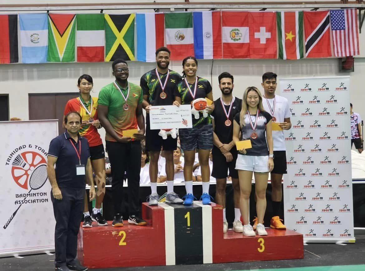 Podium finishers at the conclusion of the 2023 International Badminton championship in Trinidad.