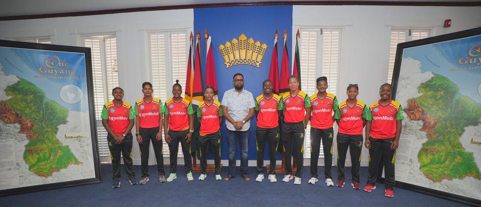 President Irfaan Ali and GAW-Women players at State House.