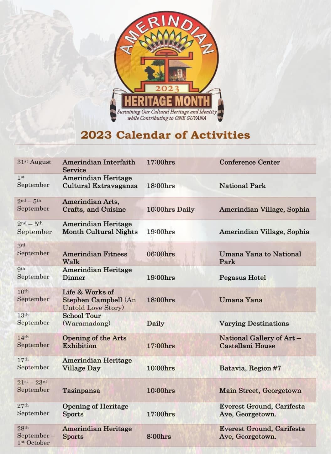 The calendar of events scheduled for Amerindian Heritage Month