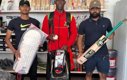 National fast bowler Shemar Joseph gets bag full of cricket gear from Cricket Equipment Guyana